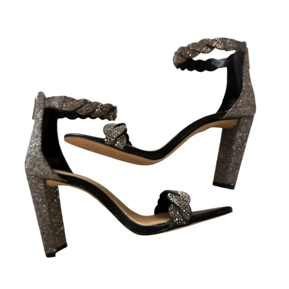 Jewel Badgley Mischka Crystal Braided Block Heel Open Toe Sandals Size 7 Wedding